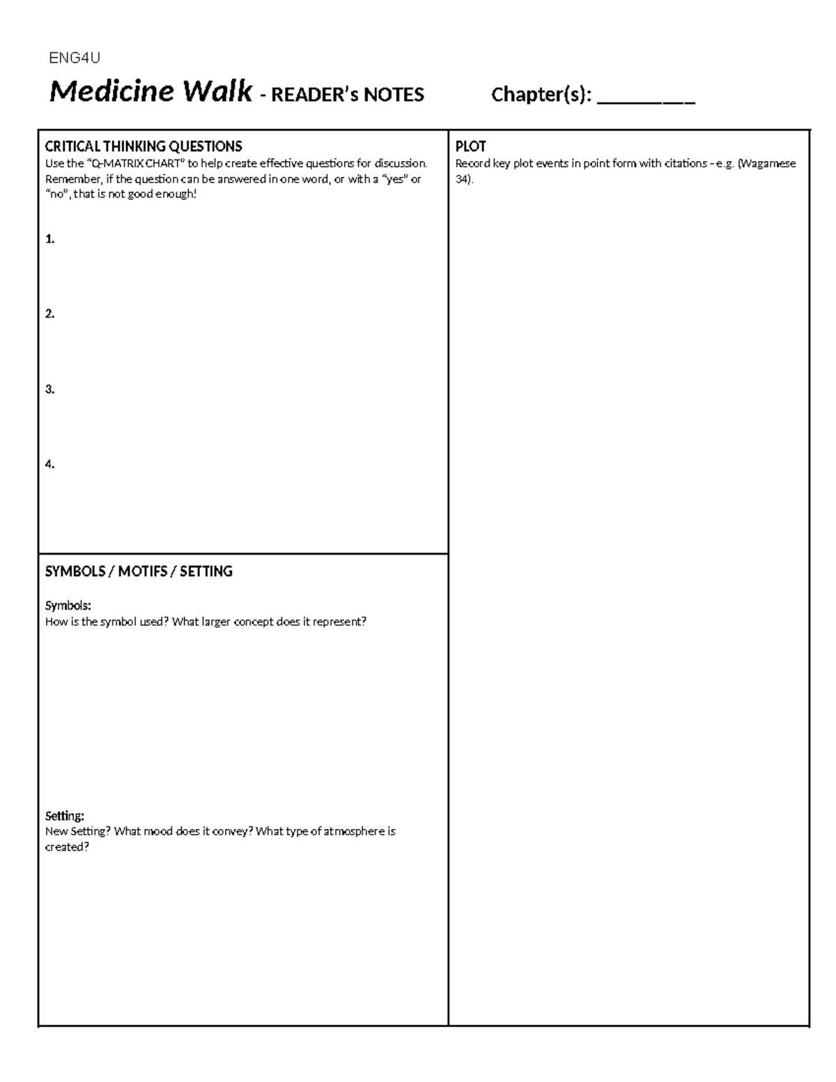 Copy of Medicine Walk - Reader’s Notes Organizer - ENG4U Medicine Walk ...