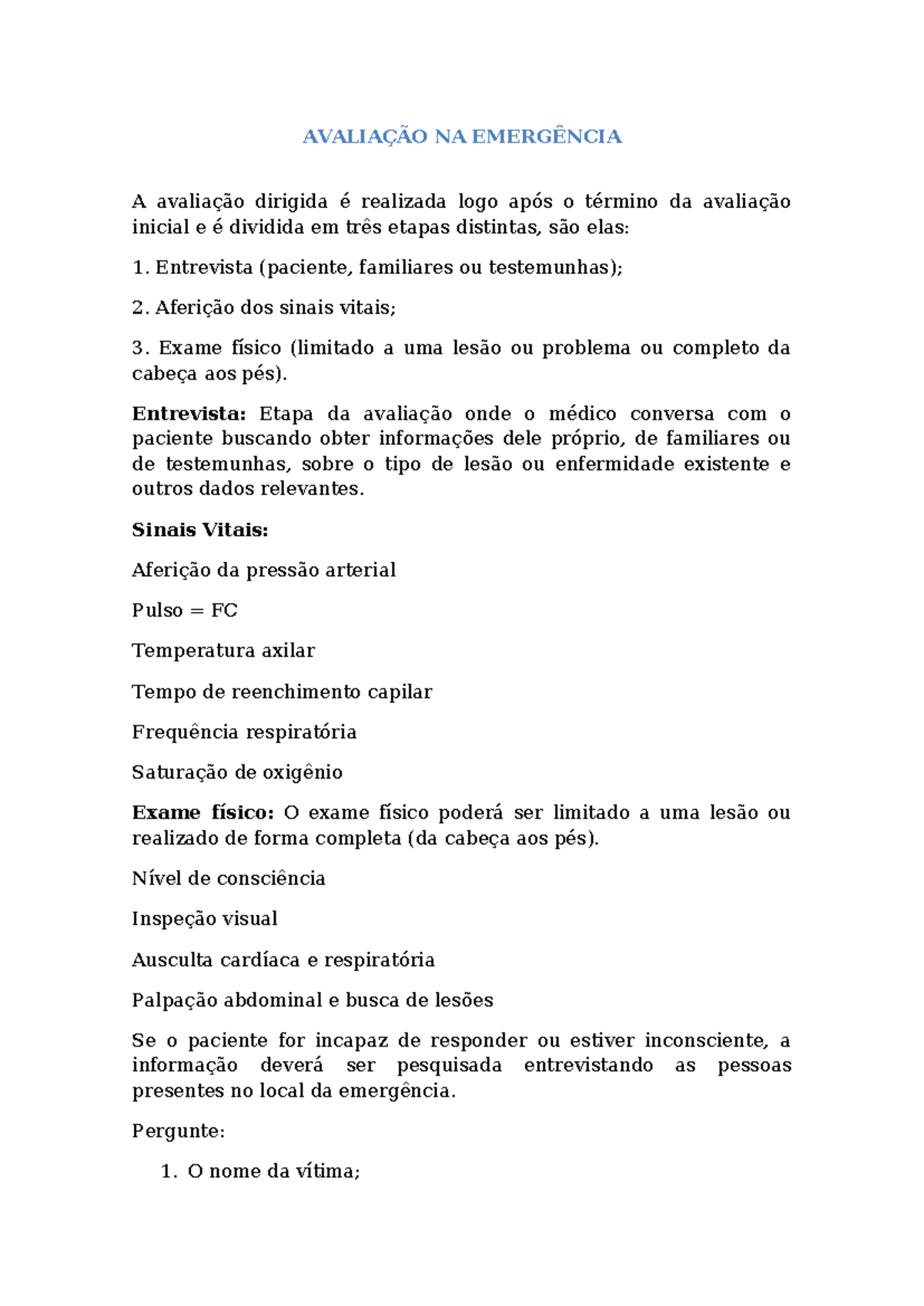 Avaliação na Emergência: Etapas e Procedimentos Importantes - Studocu