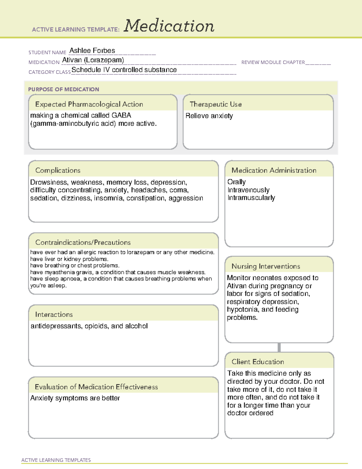 Ativan 4 - med template - ACTIVE LEARNING TEMPLATES Medication STUDENT ...