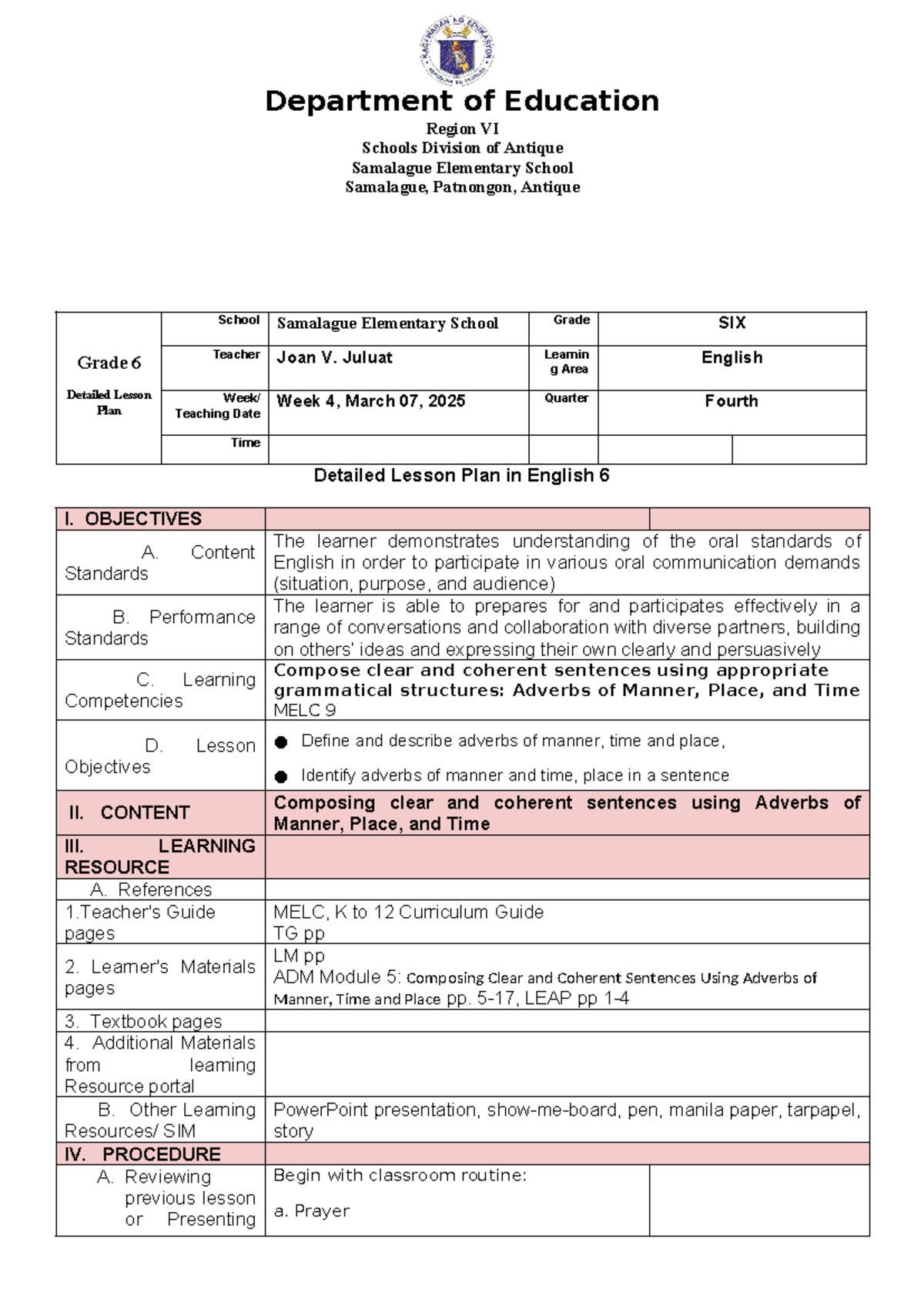 COT English 6 Q4 W4 - Detailed Lesson Plan on Adverbs - Studocu