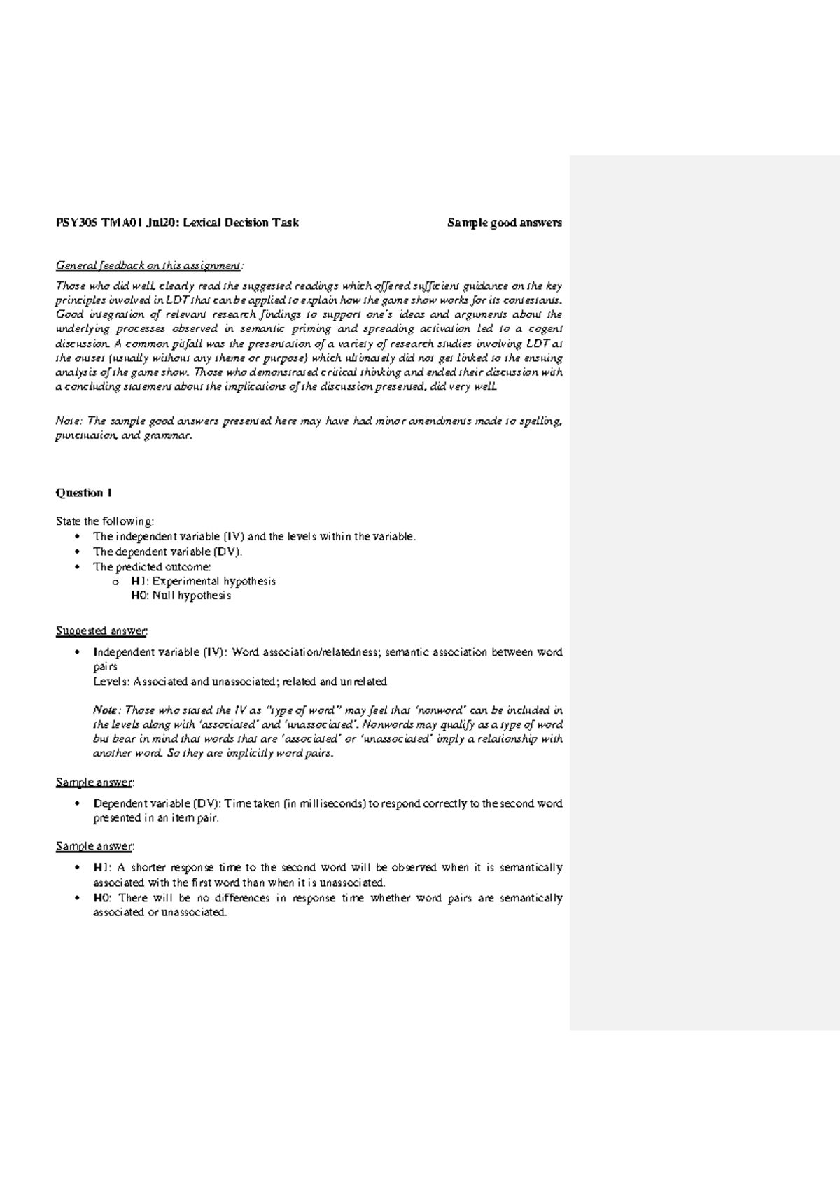 PSY305 TMA01 Jul20: Lexical Decision Task - Sample Exceptional Answers ...