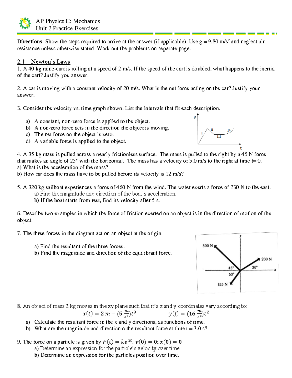 AP Physics C: Mechanics Unit 2 Practice Exercises - Studocu