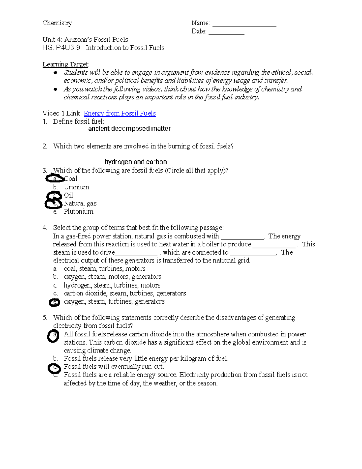 Chem Unit 4 Introduction to Fossil Fuels (1) - Chemistry Name ...