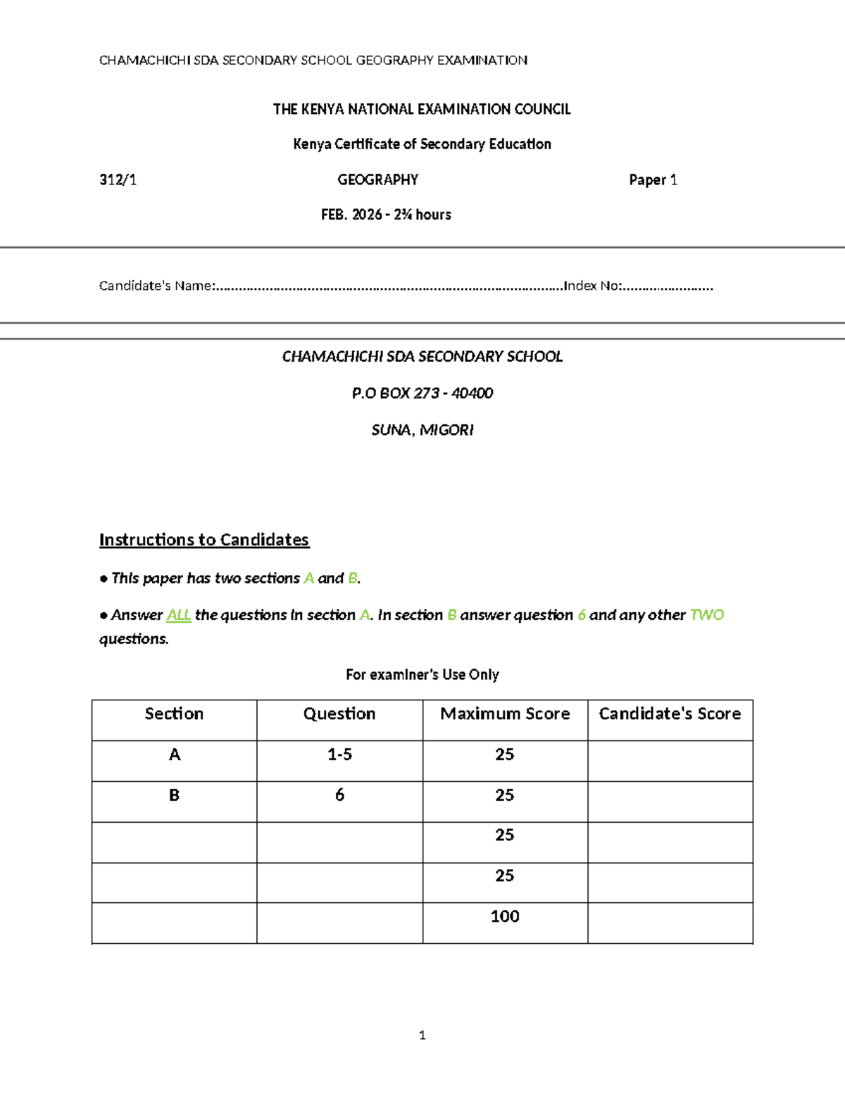 GEO 4 MIDTERM EXAMINATION: K.C.S.E. GEOGRAPHY PAPER 1 FEB 2026 - Studocu