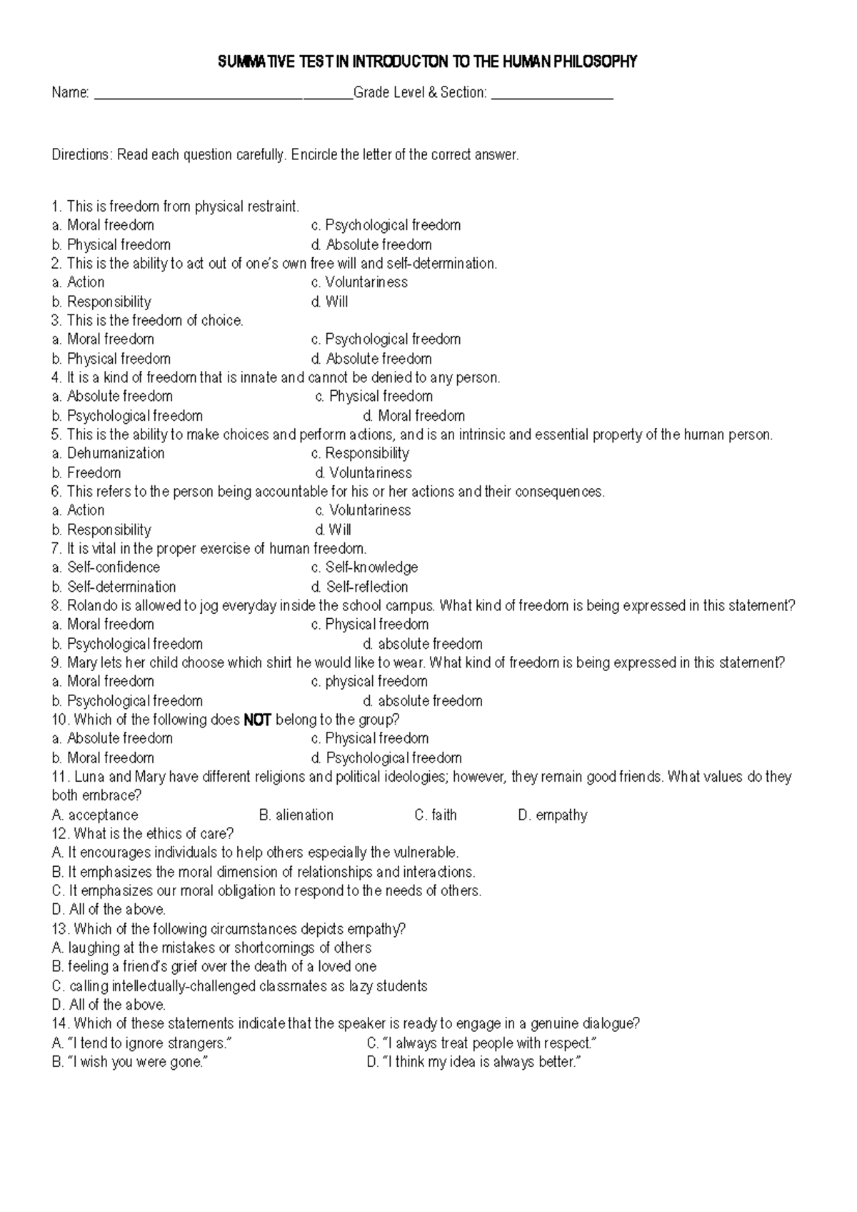 SUMMATIVE TEST 2 IN INTRODUCTION TO HUMAN PHILOSOPHY - Studocu