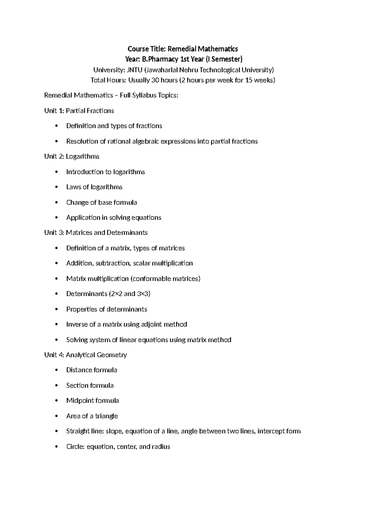 Remedial Mathematics Syllabus & Study Plan for B.Pharmacy 1st Year ...