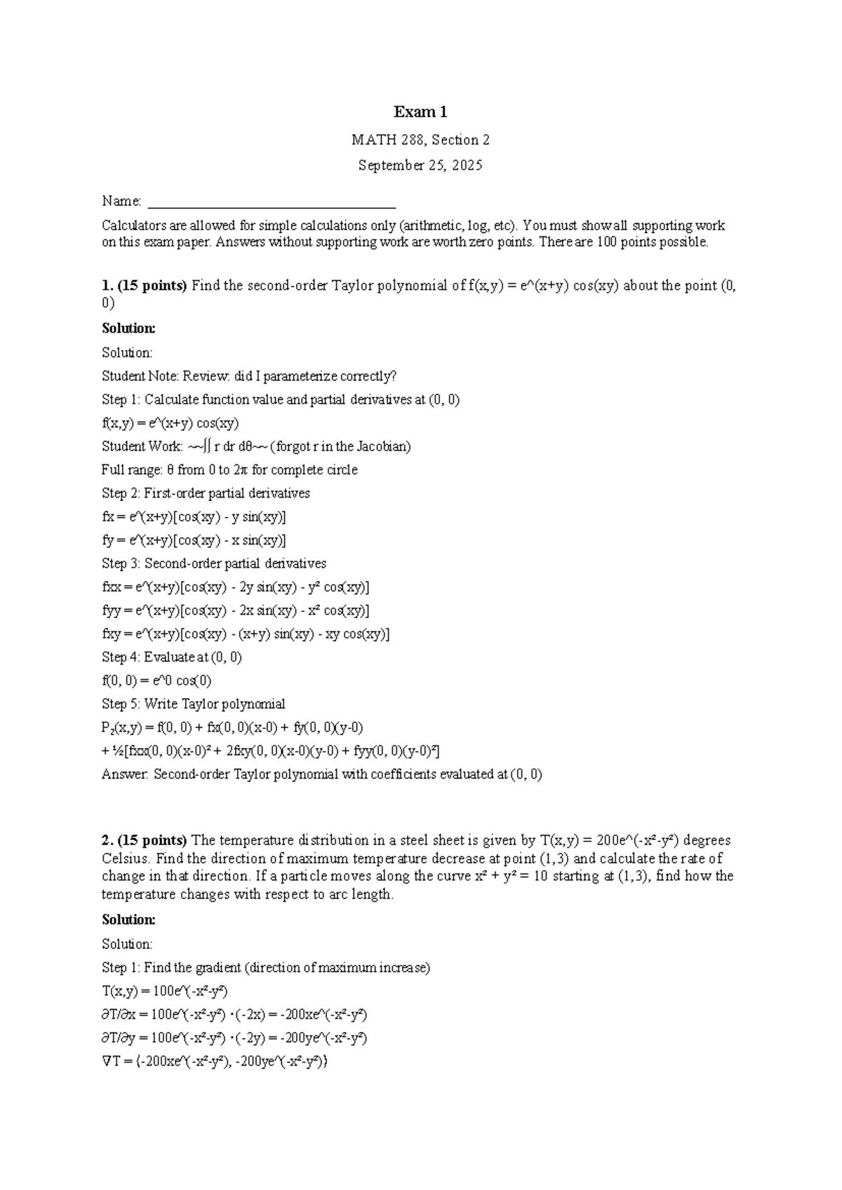 MATH 288 Exam 1 Solutions - Calculus Concepts and Applications - Studocu