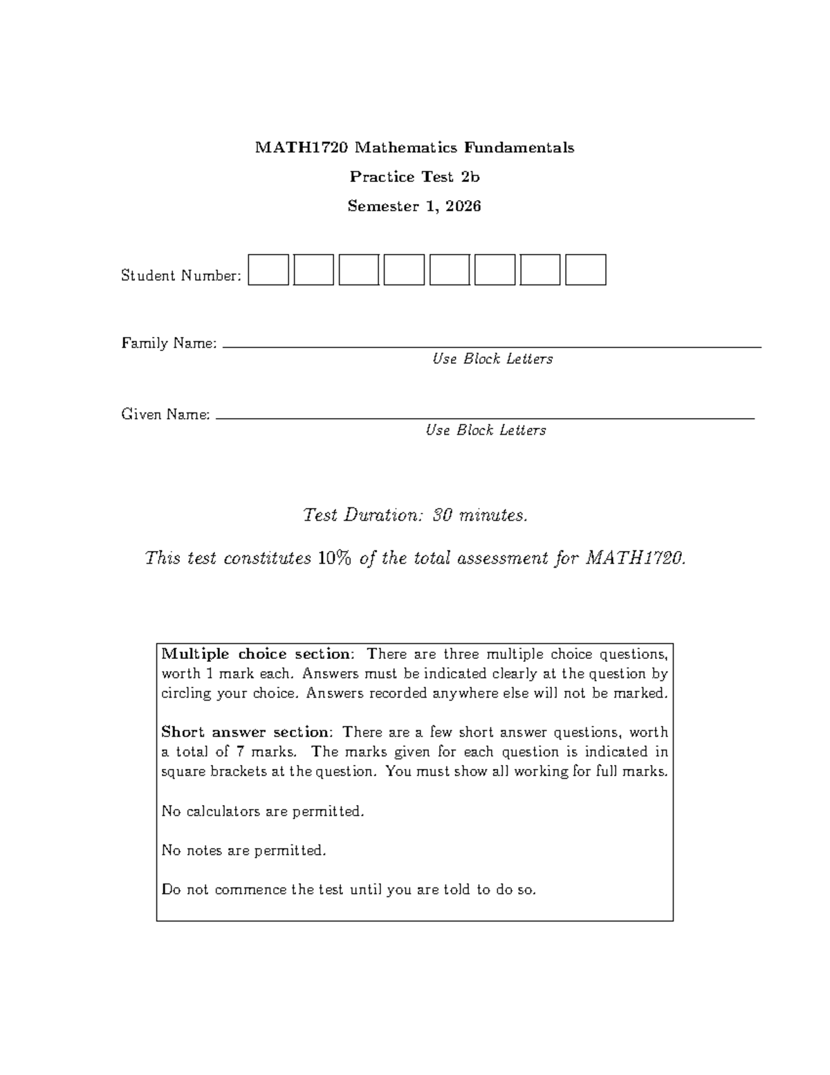 MATH1720 Mathematics Fundamentals Practice Test 2b - Semester 1, 2026 ...