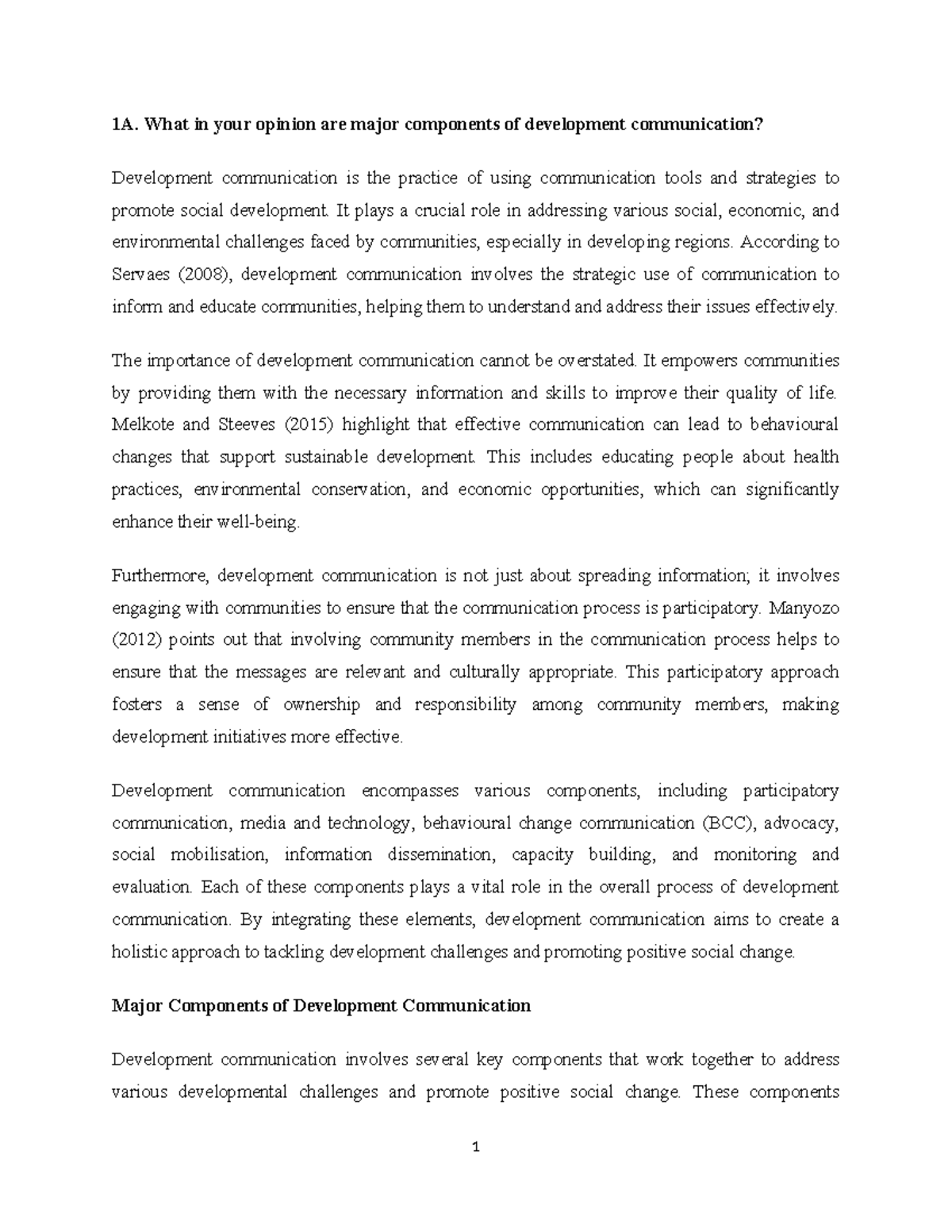 Major Components of Development Communication (Comm 101) - Studocu