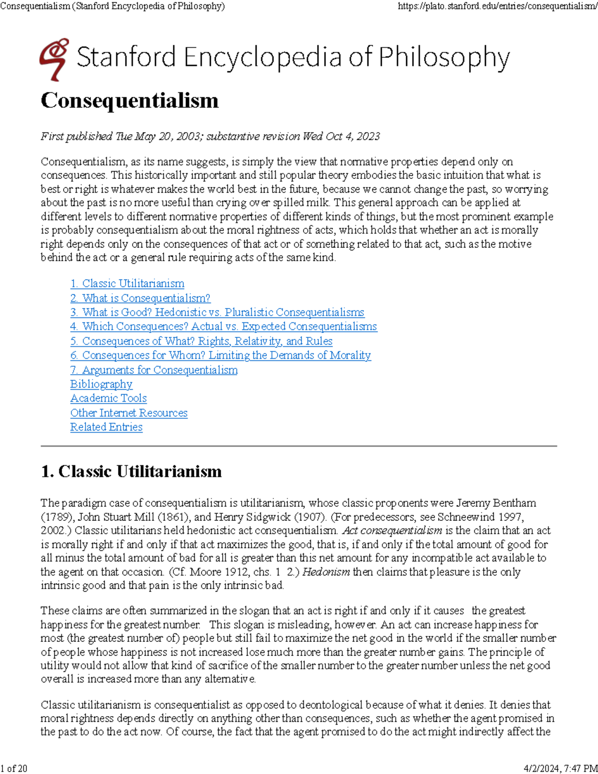 Consequentialism: An Overview from the Stanford Encyclopedia of ...