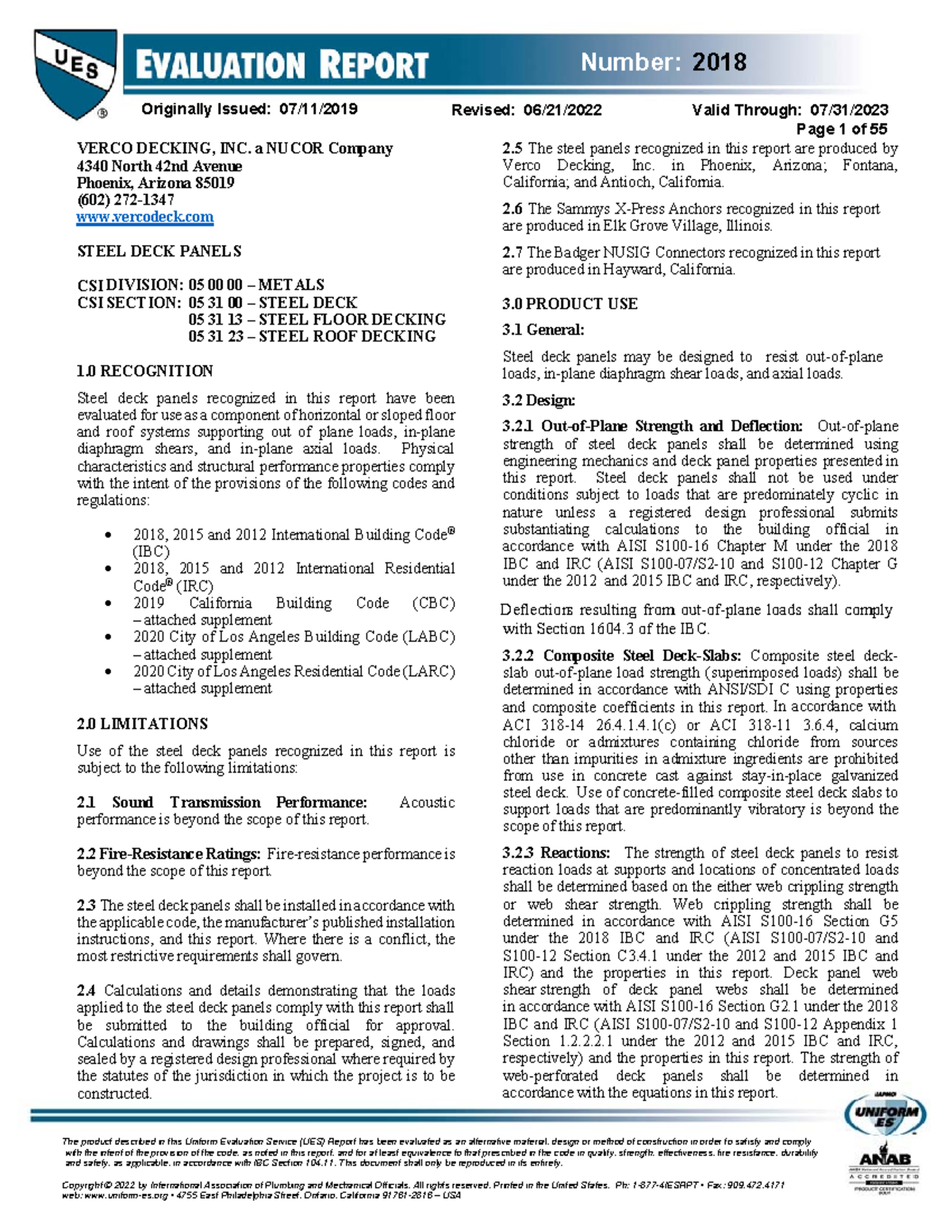 IAPMO UES ER-2018: Evaluation of Verco Steel Deck Panels - Studocu