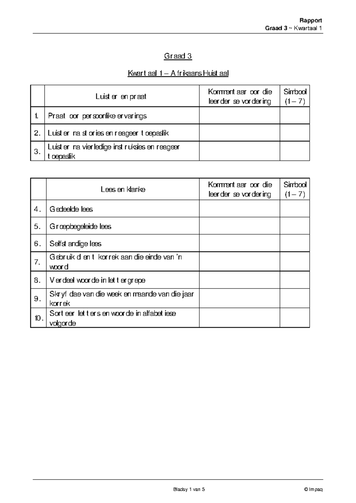 Graad 3 Kwartaal 1 Assesserings Rapport en Vordering Kommentaar - Studocu