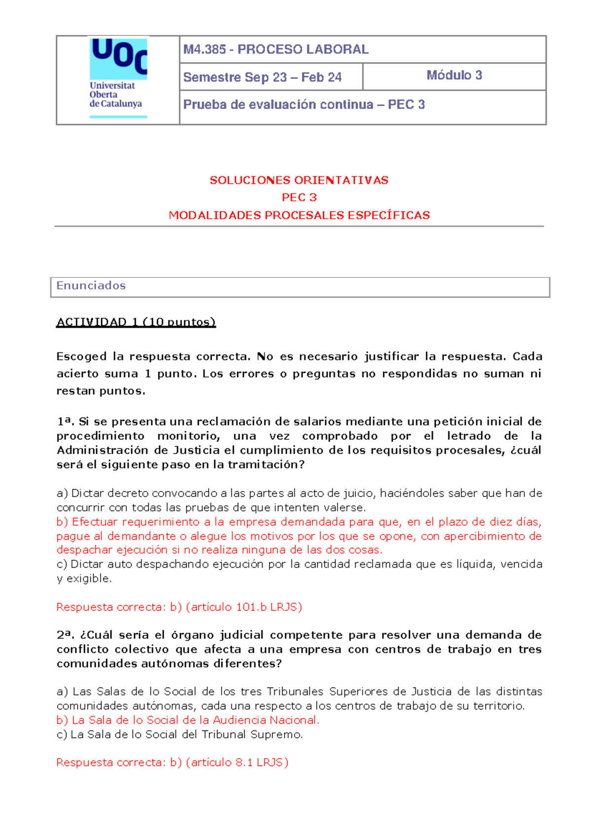 PEC 3: Soluciones Orientativas Proceso Laboral (Sep 23 - Feb 24) - Studocu