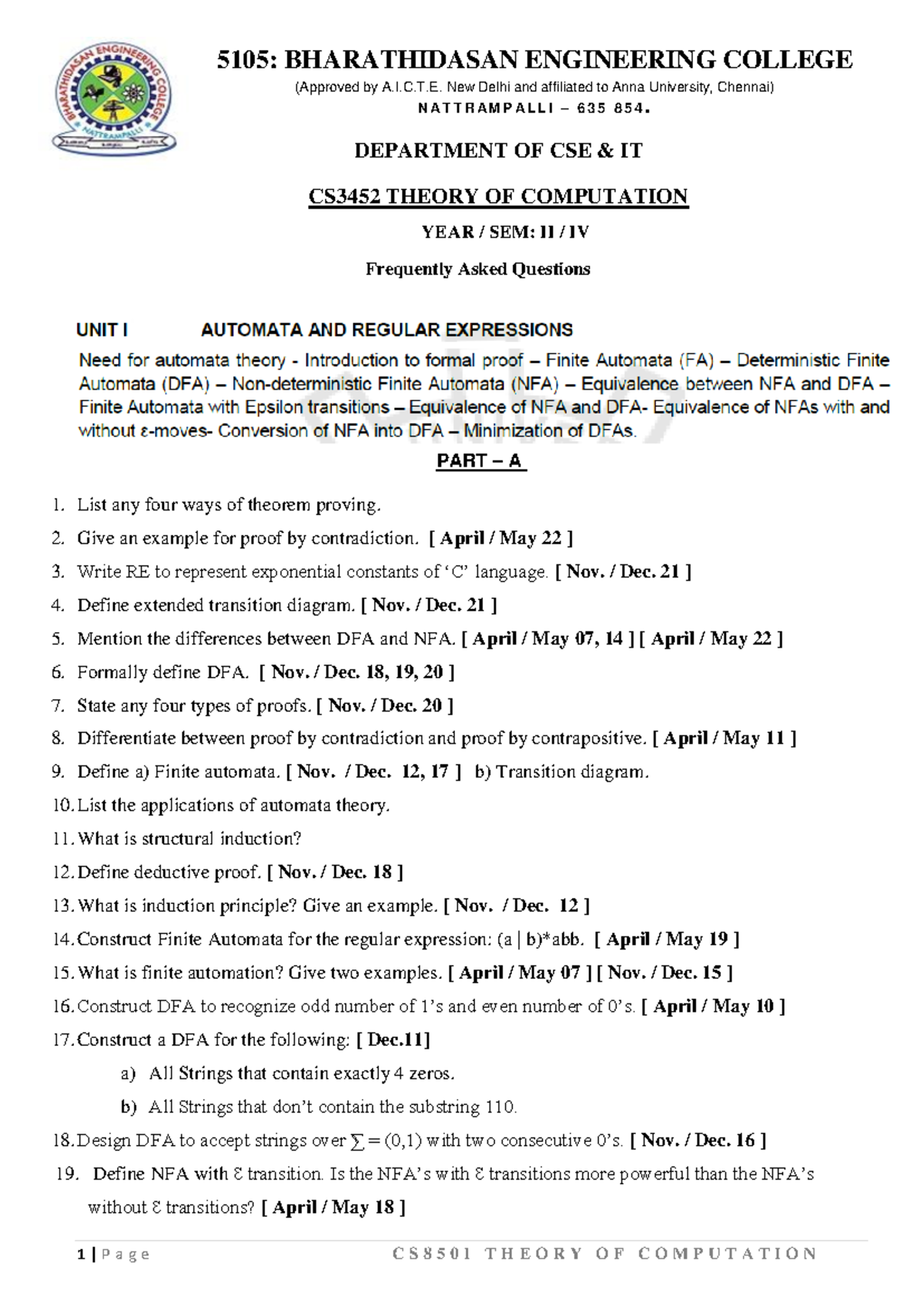 CS3452 Theory of Computation FAQs - Important Questions & Answers 2022 ...