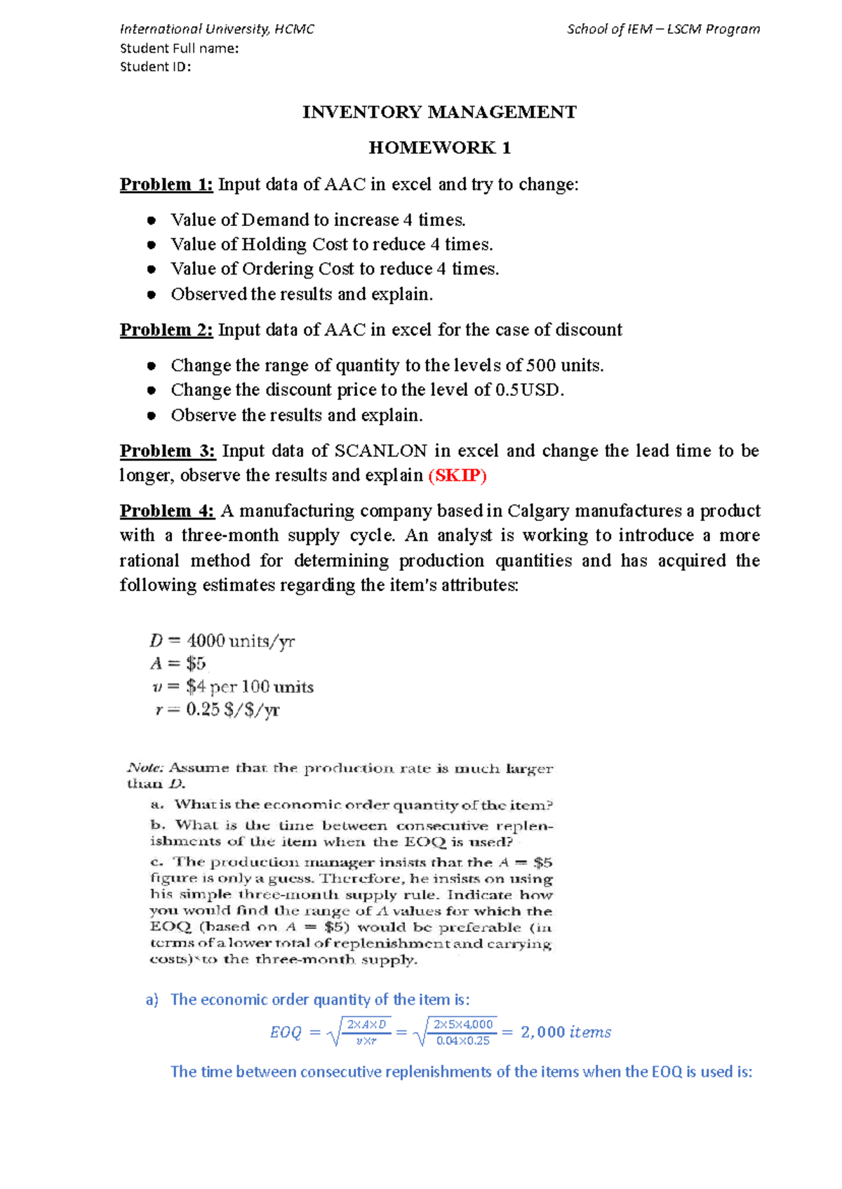 IEM LSCM Program: Inventory Management Homework 1 Solutions - Studocu