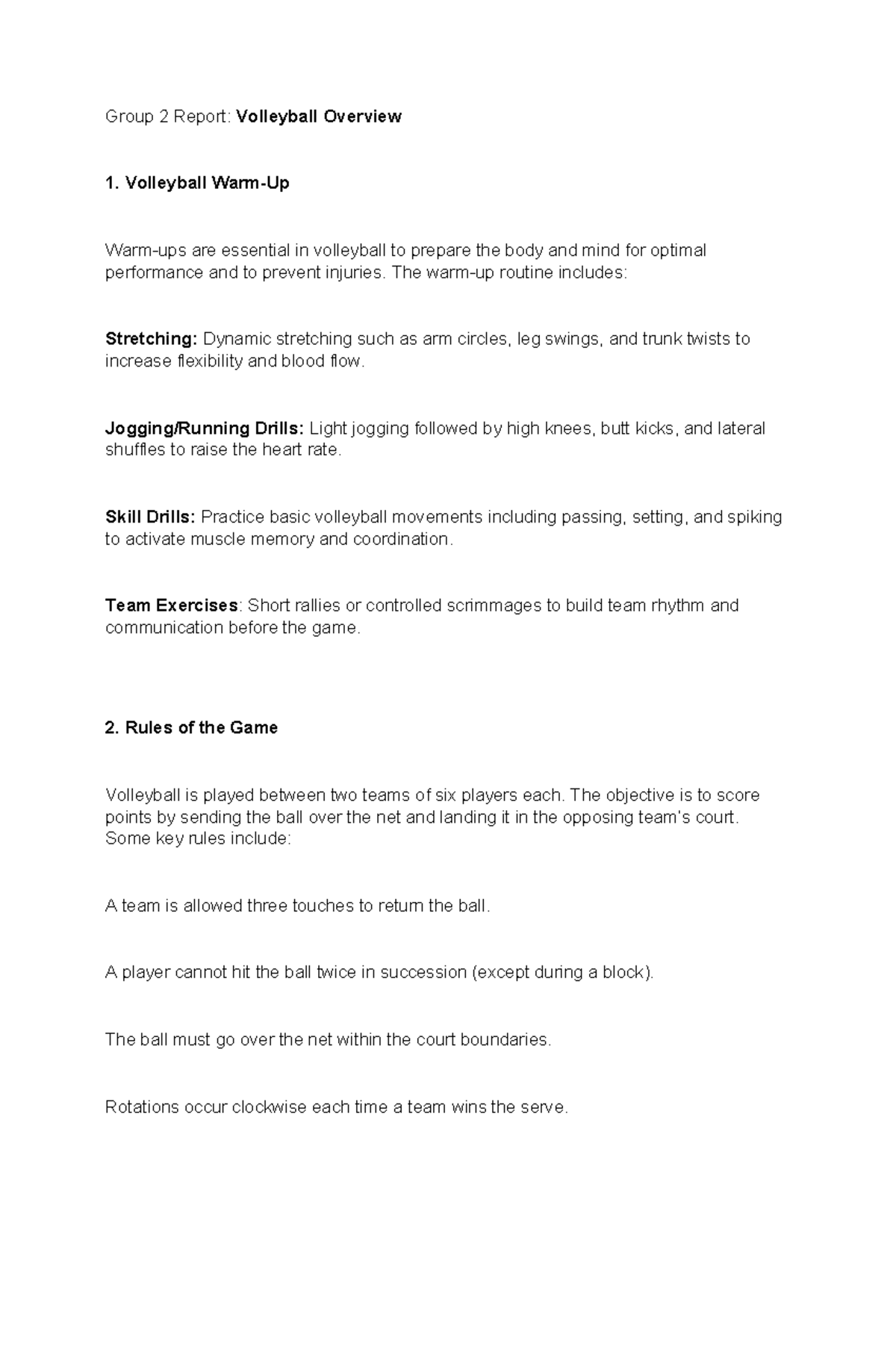 Group 2 Report: Volleyball Overview and Game Rules - Studocu
