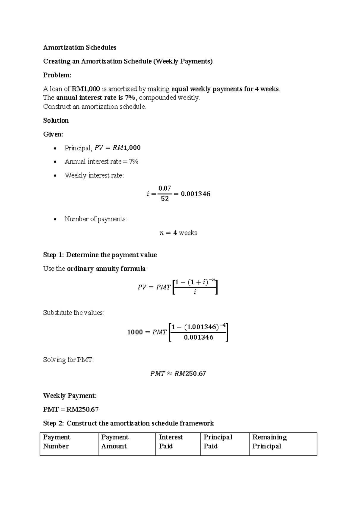 Amortization Schedule for Weekly Payments (Loan Analysis) - Studocu