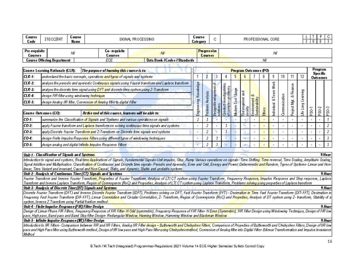Signal Processing Syllabus ECE 21ECC204T: Course Overview and Outcomes ...