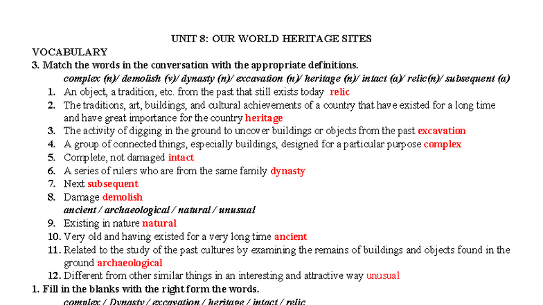 UNIT 8: Our World Heritage Sites Vocabulary & Exercises - Studocu
