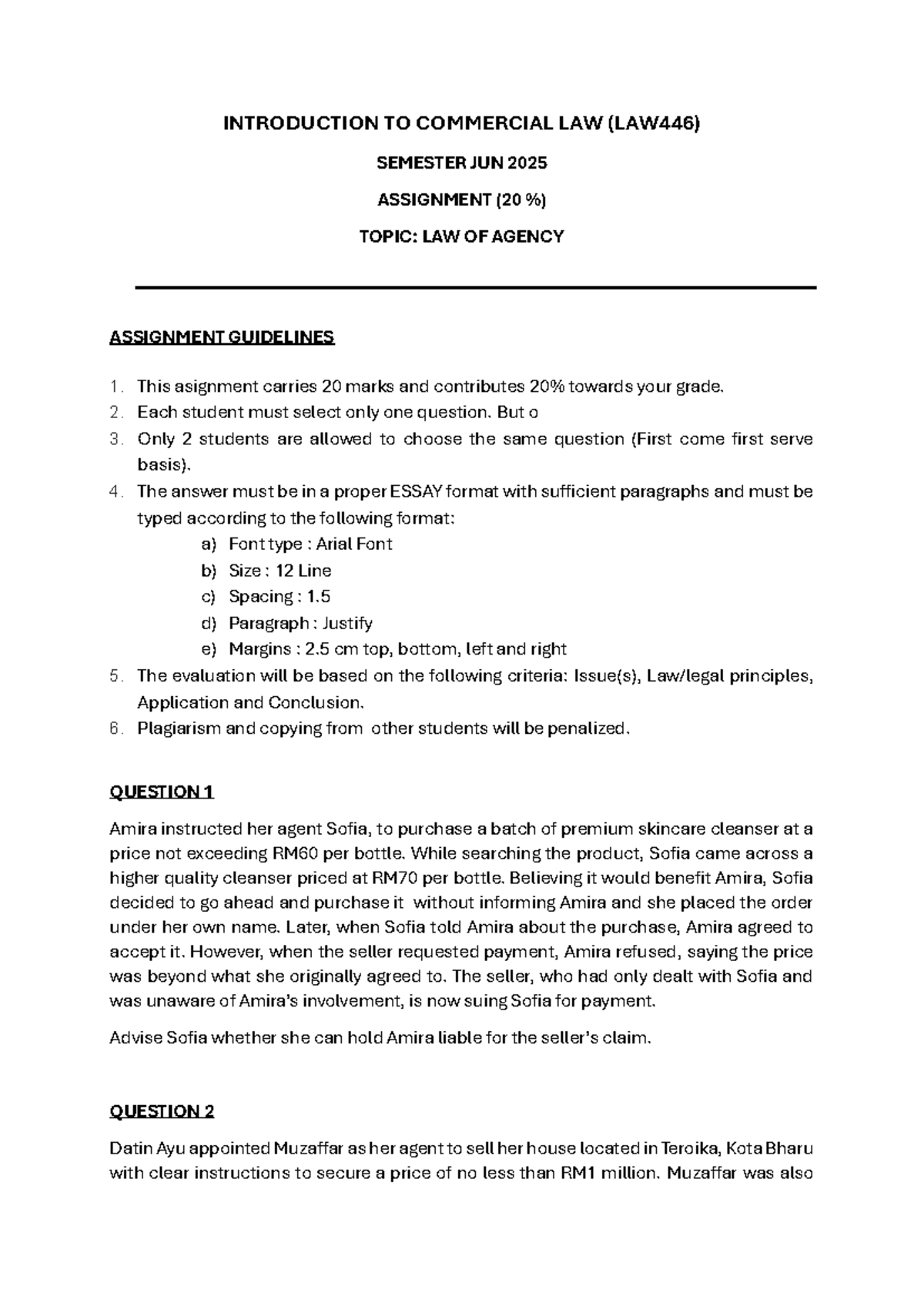 LAW446 Assignment: Law of Agency Guidelines & Case Analysis - Studocu