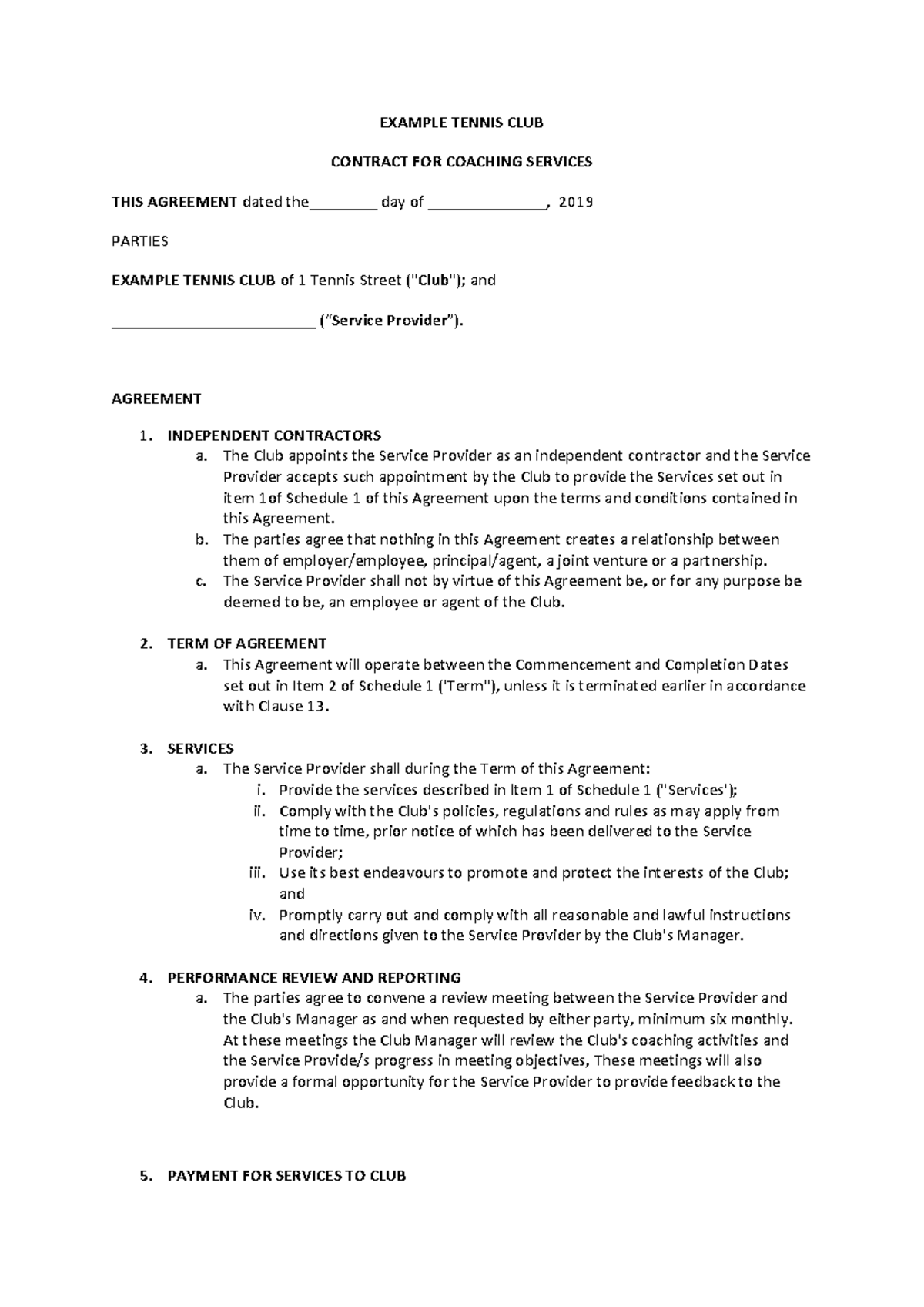 Coaching Services Agreement for Example Tennis Club - Studocu