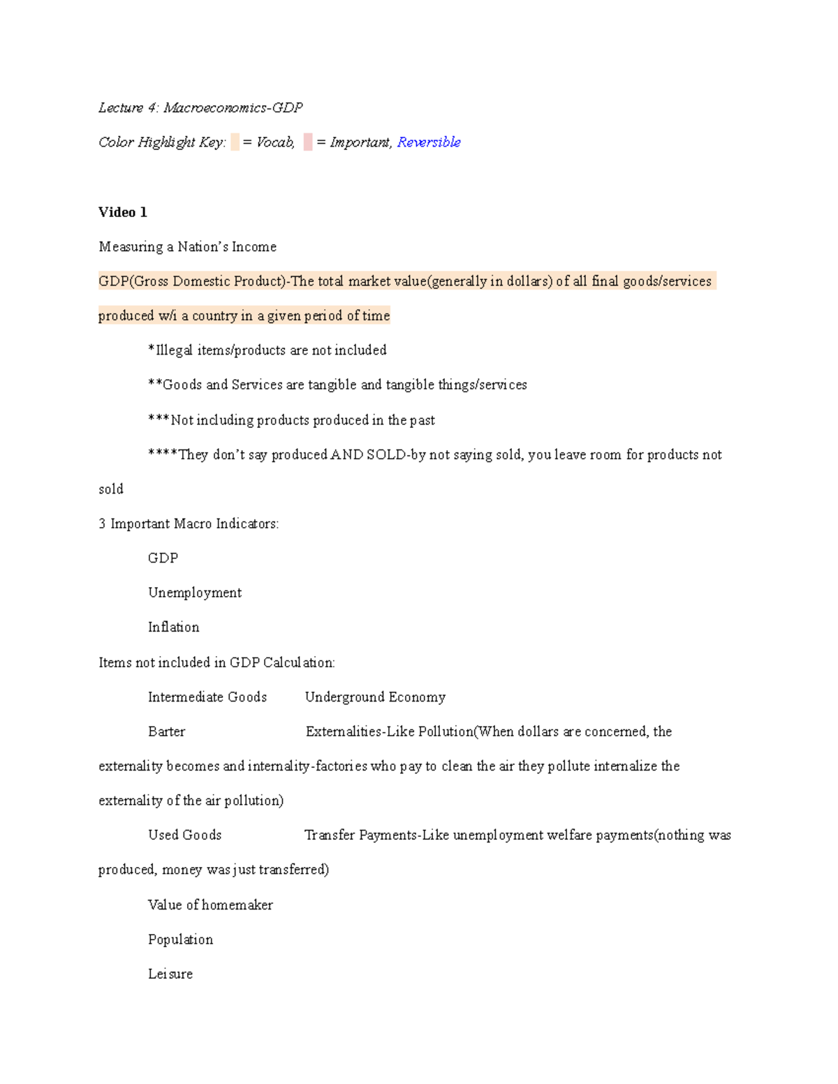 ECON 100 Week 4 Macroeconomics Lecture Notes on GDP & Indicators - Studocu