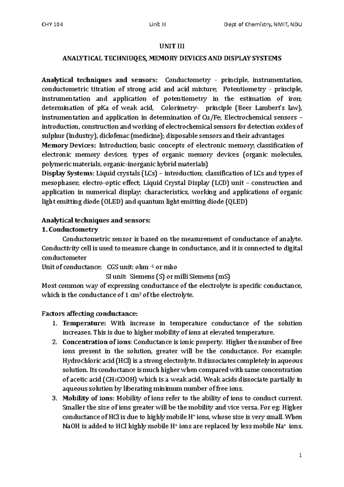 CHY 104 Unit III Updated Notes on Analytical Techniques and Memory ...
