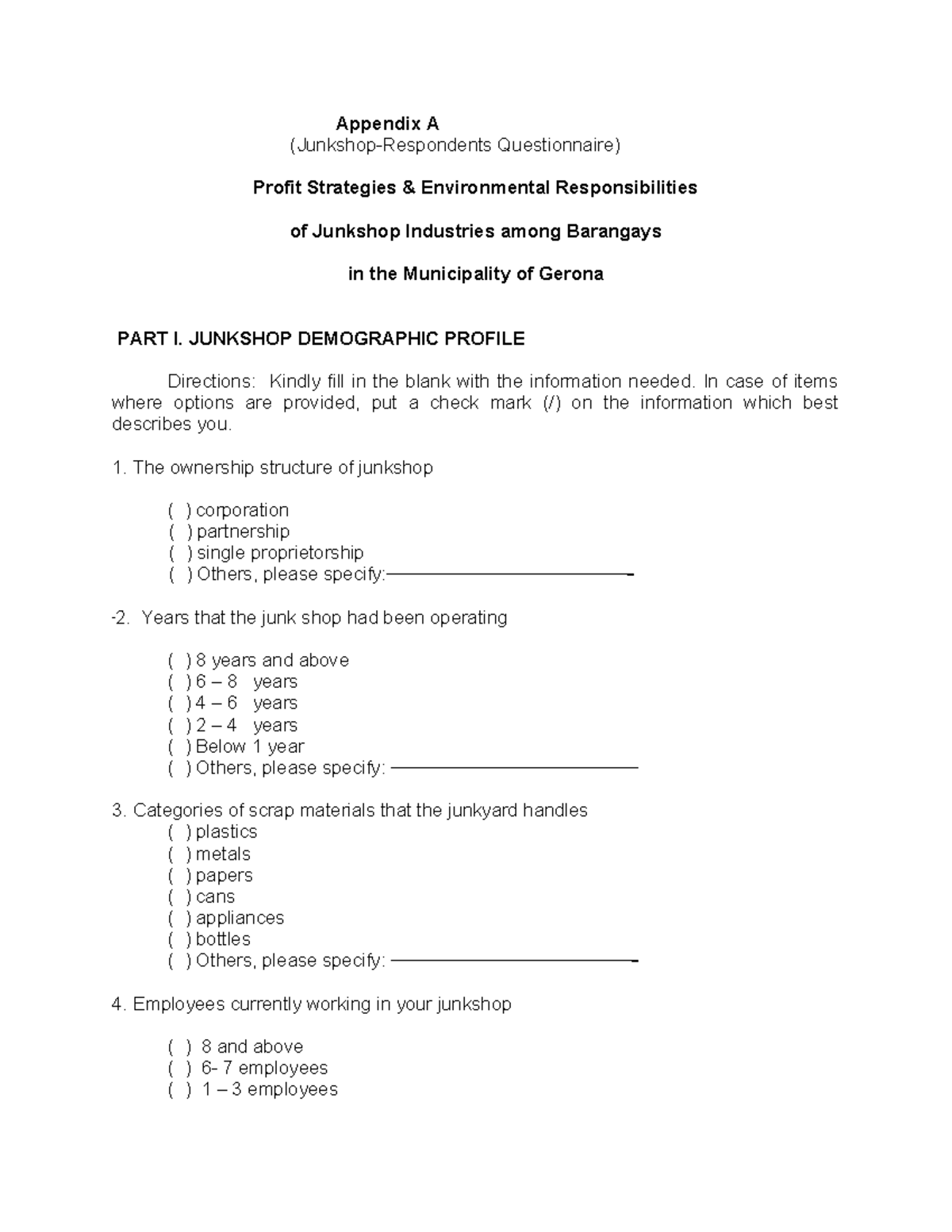 Appendix A: Questionnaire on Profit Strategies & Environmental ...