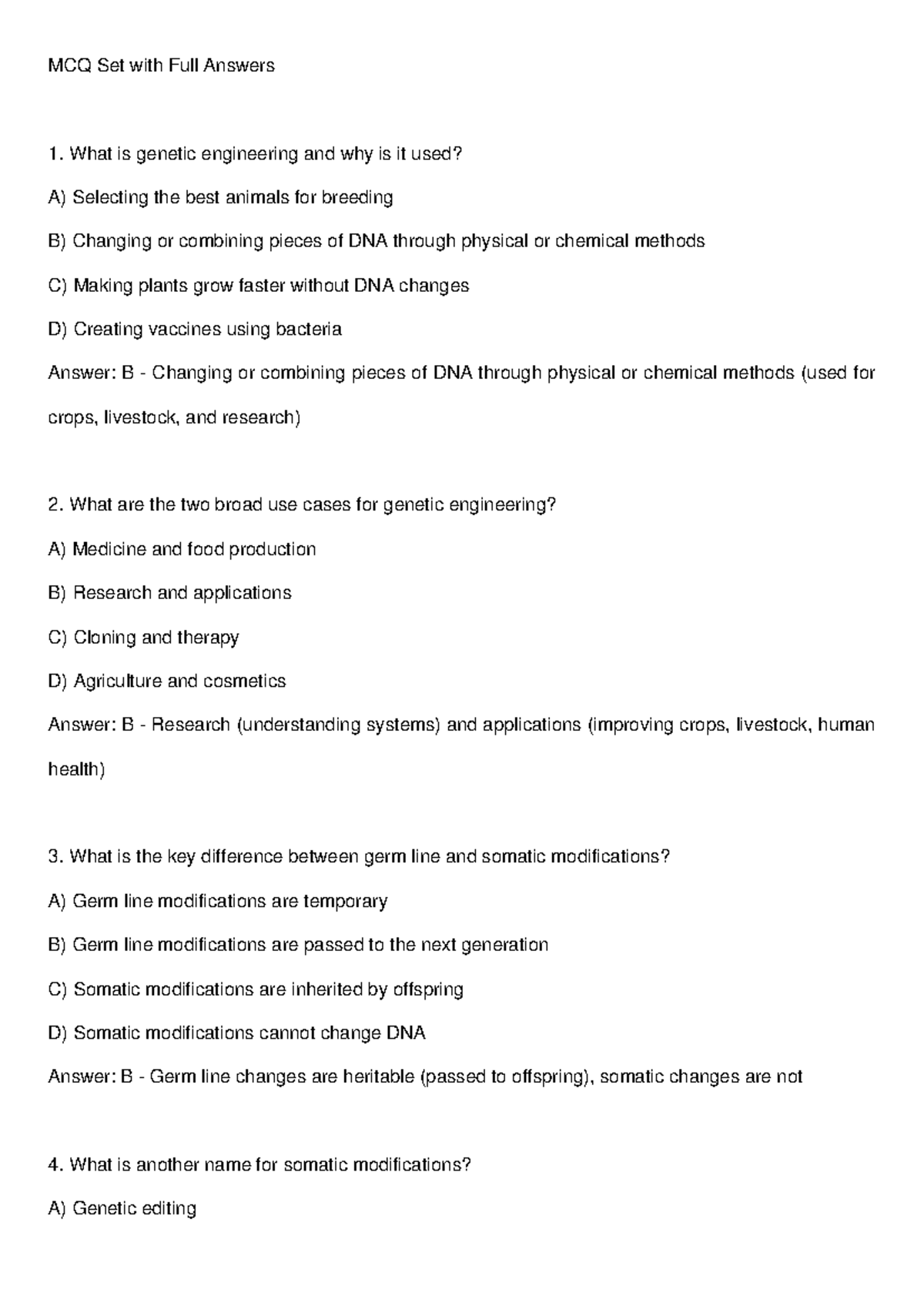Genetic engineering full mcq set clean - MCQ Set with Full Answers What ...