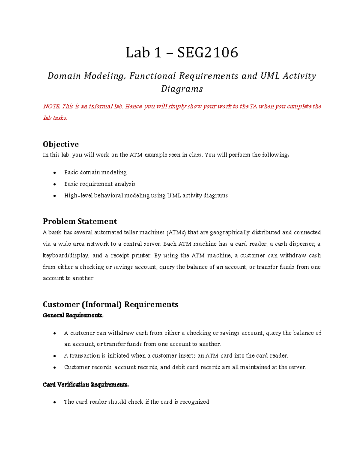 SEG2106 Lab 1: Domain Modeling and UML Activity Diagrams Guide - Studocu
