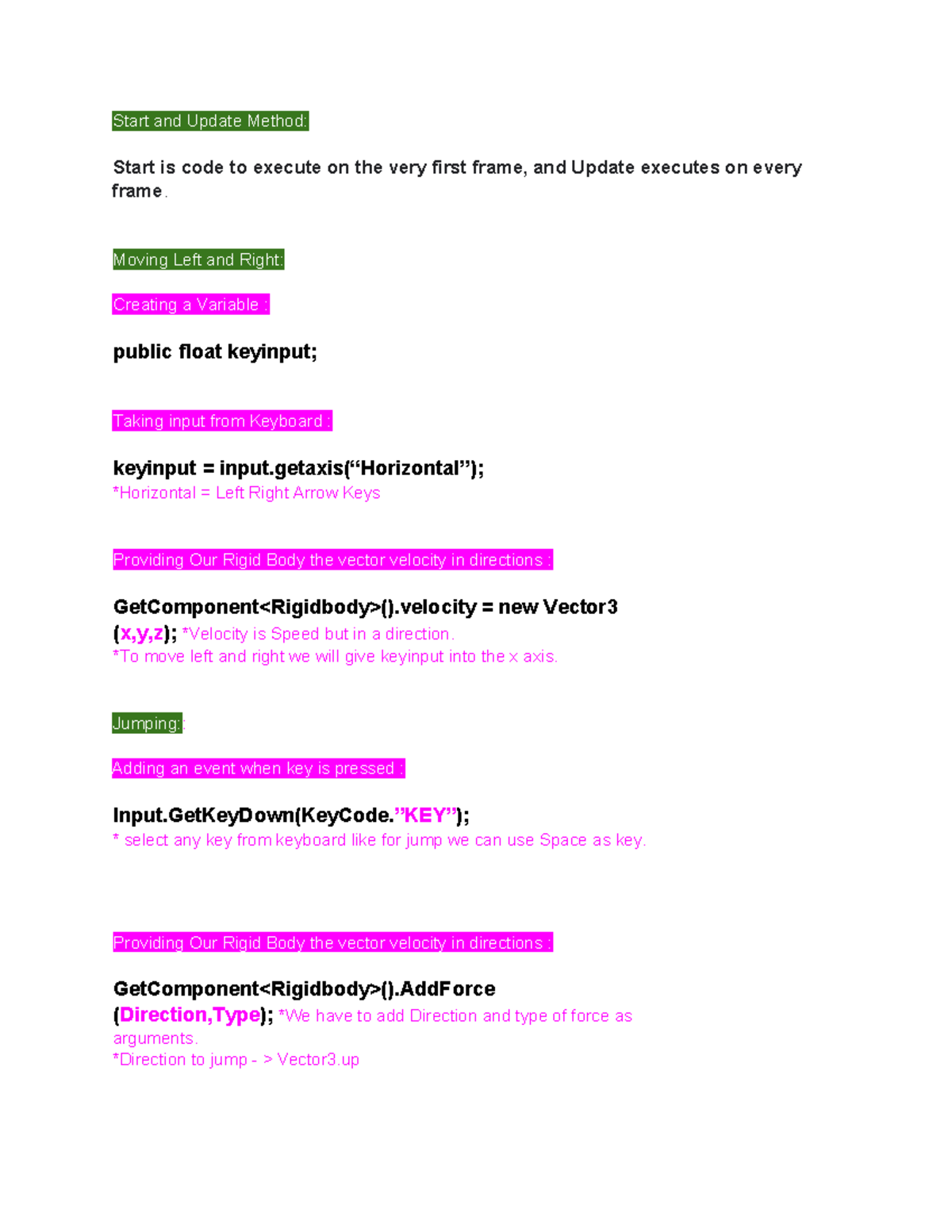 Unity code notes 1: Start and update methods for movement and jumping ...
