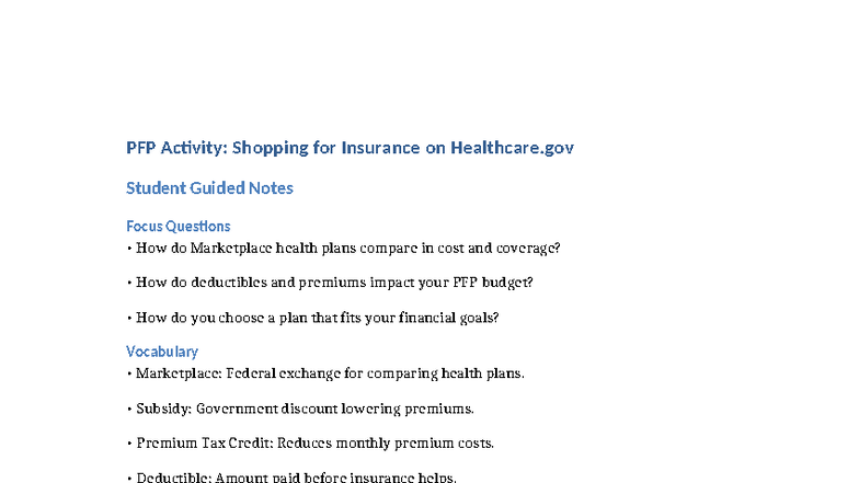 PFP Activity: Shopping for Insurance on Healthcare.gov Guided Notes ...