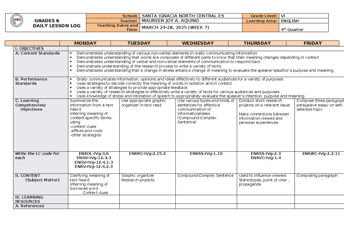 DLL English 6 Q4 W7 - liojappn aam - GRADES 6 DAILY LESSON LOG School ...