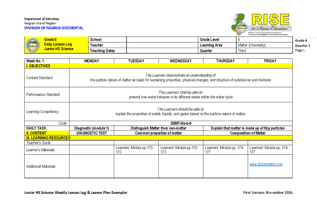 Grade 8 Science DL Log: Quarter 3 Weekly Activities & Lessons - Studocu