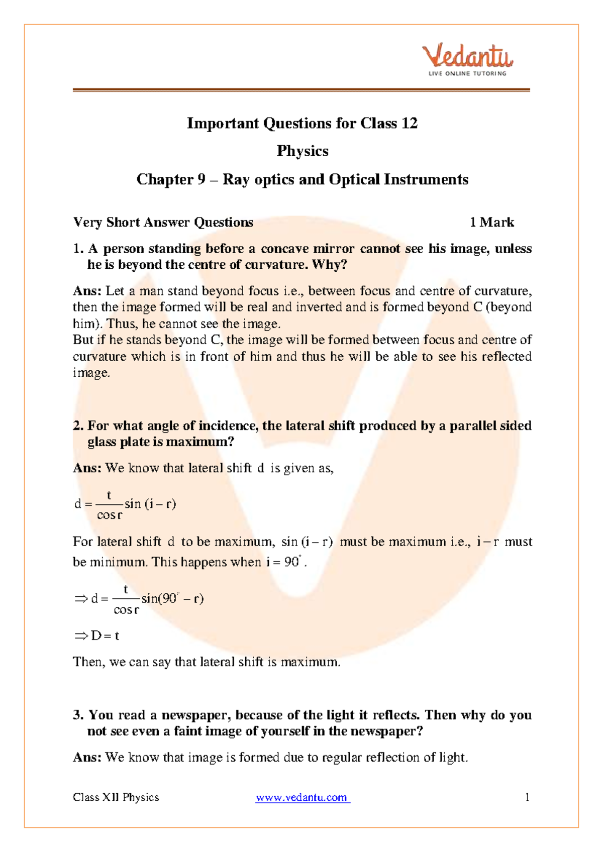 CBSE Class 12 Physics Chapter 9 Ray Optics & Optical Instruments Qs ...