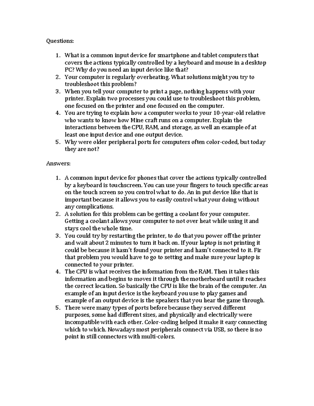 Unit 5 Critical Thinking Questions - Questions: What is a common input ...