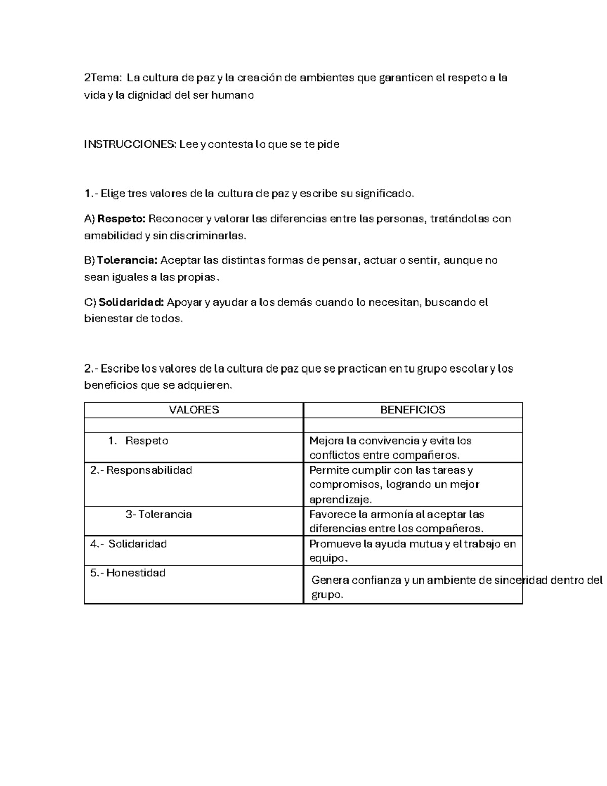 Cultura de la Paz: Valores y Beneficios en el Entorno Escolar - Studocu