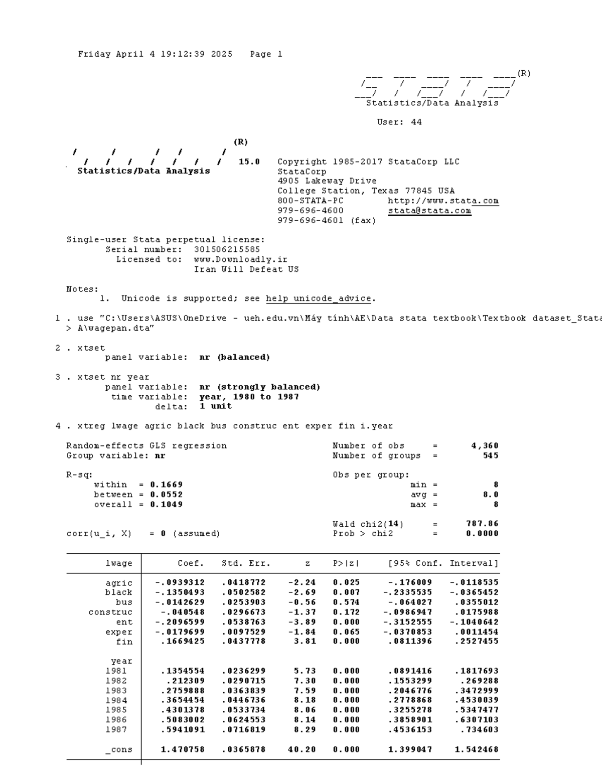Stata Analysis Notes for Course 44: GLS Regression Techniques - Studocu