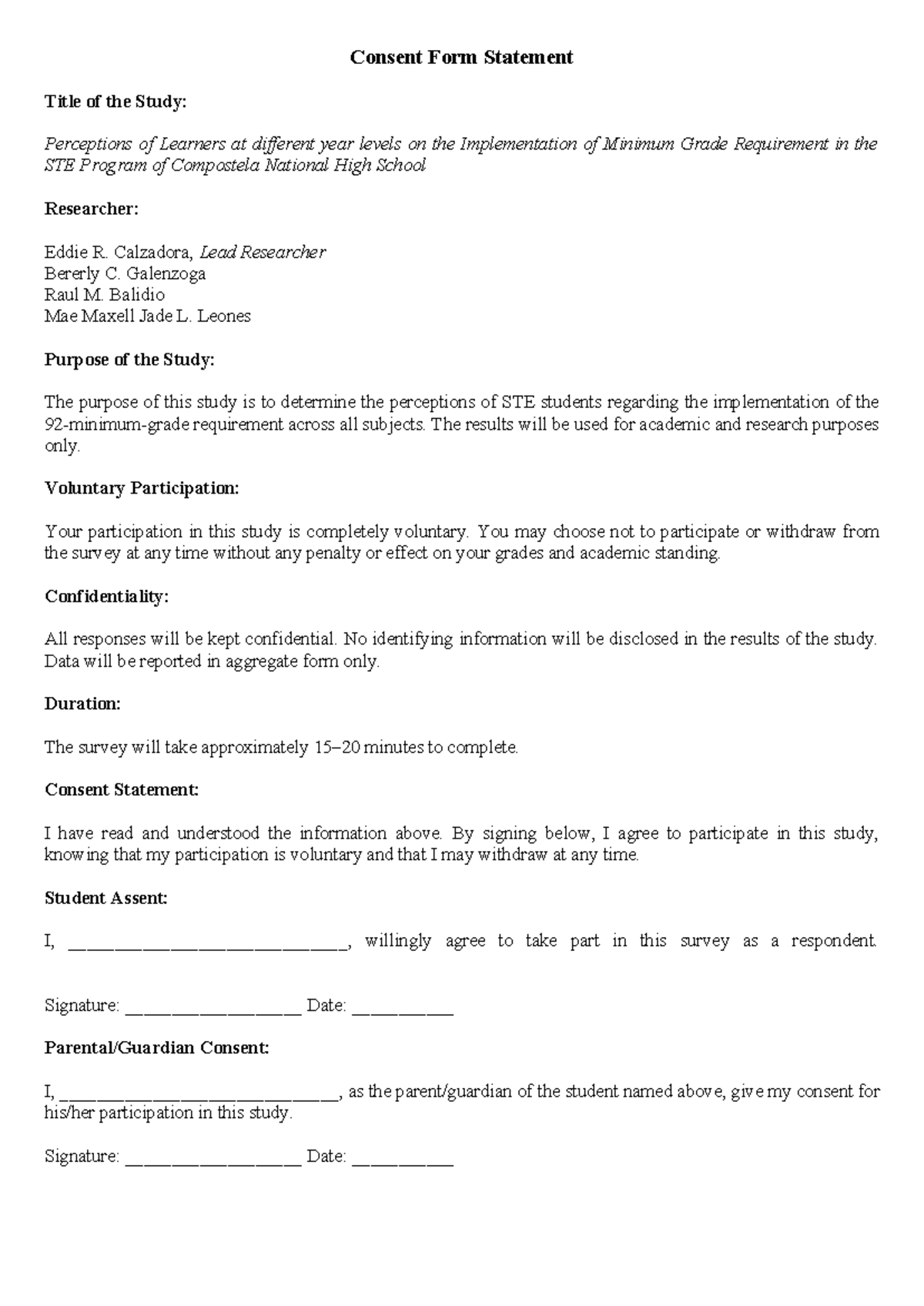 Research Consent Form: Perceptions on Minimum Grade Requirement in STE ...