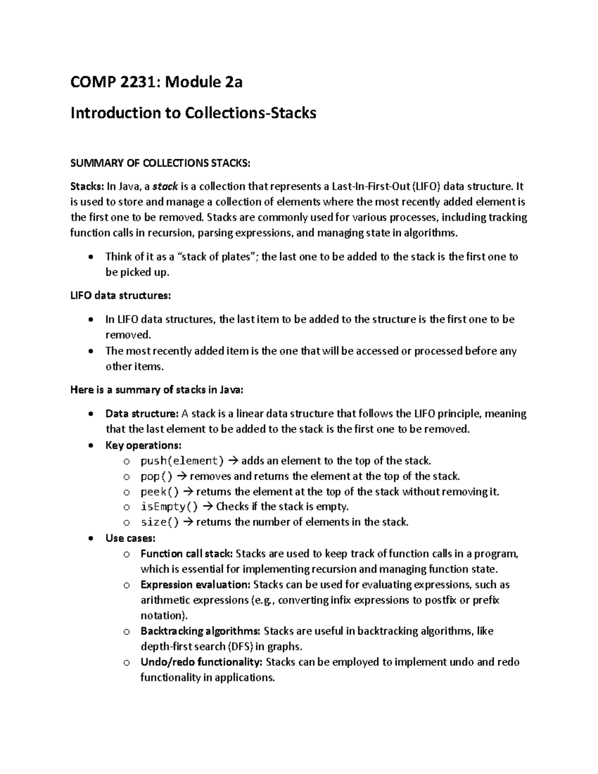 COMP 2231: Module 2 Study Notes on Java Collections & Stacks - Studocu