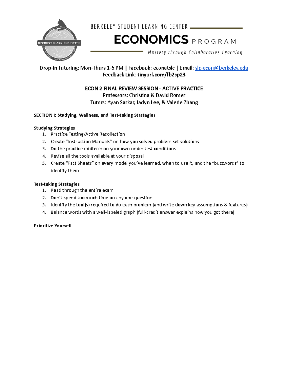 Econ 2 Final Review Worksheet - Active Practice & Strategies - SP'23 ...