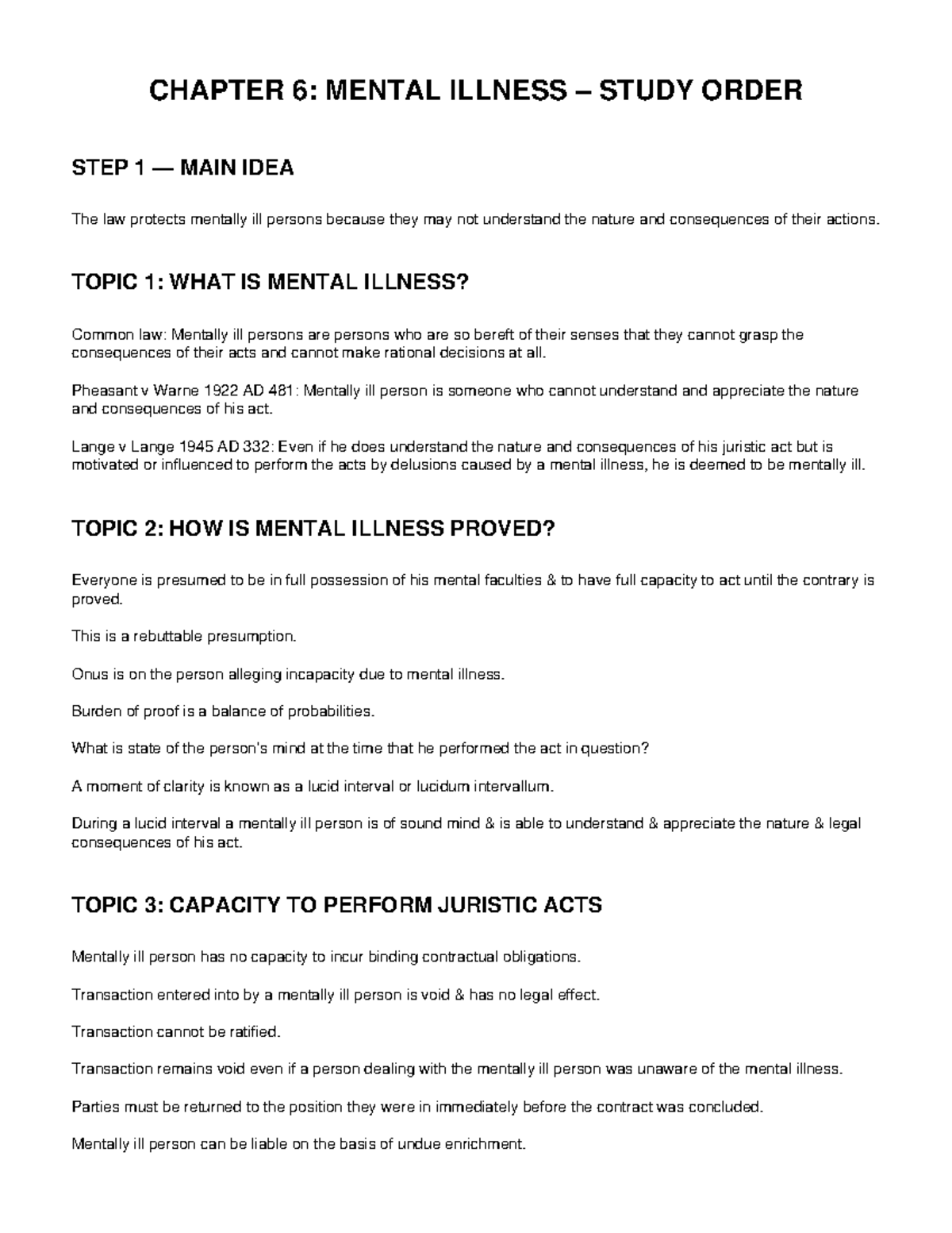 CHAPTER 6: MENTAL ILLNESS STUDY ORDER - KEY CONCEPTS & CASES - Studocu