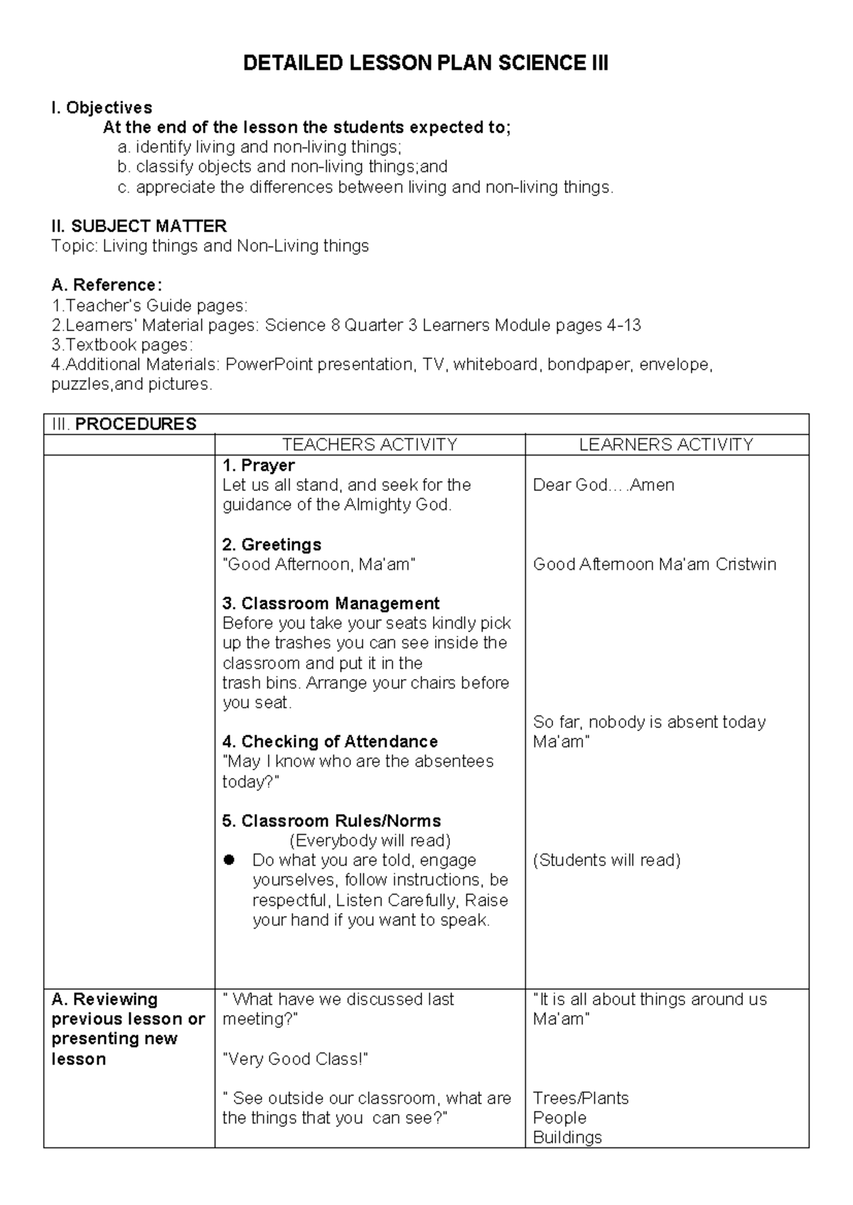 Detailed Lesson PLAN Science III - DETAILED LESSON PLAN SCIENCE III I ...