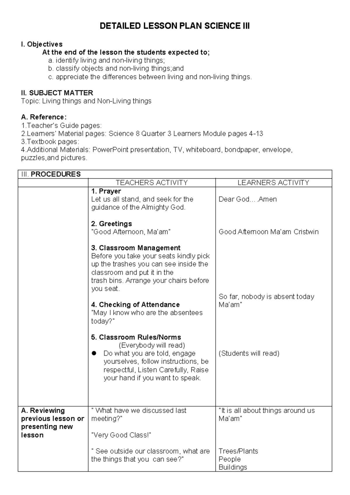 Atoms Lesson Plan for Grade 8 - SCI 8 - Studocu