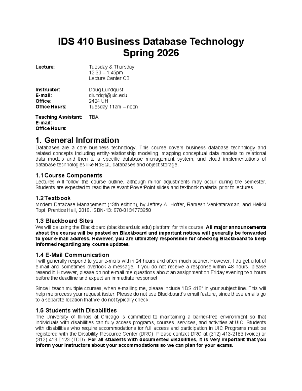 IDS 410 Business Database Technology Spring 2026 Syllabus - Studocu