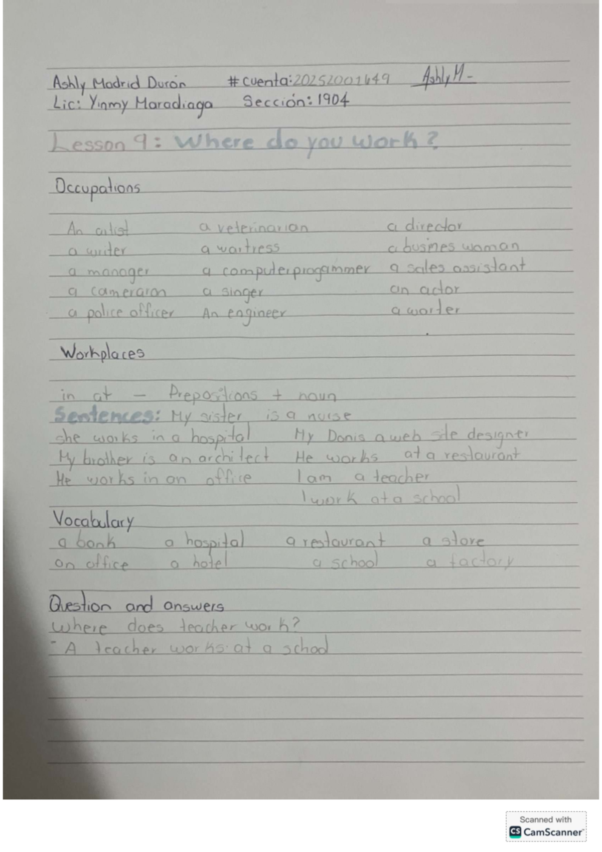 U3T1a33 - Lesson 9: Occupations and Workplaces Vocabulary Notes - Studocu
