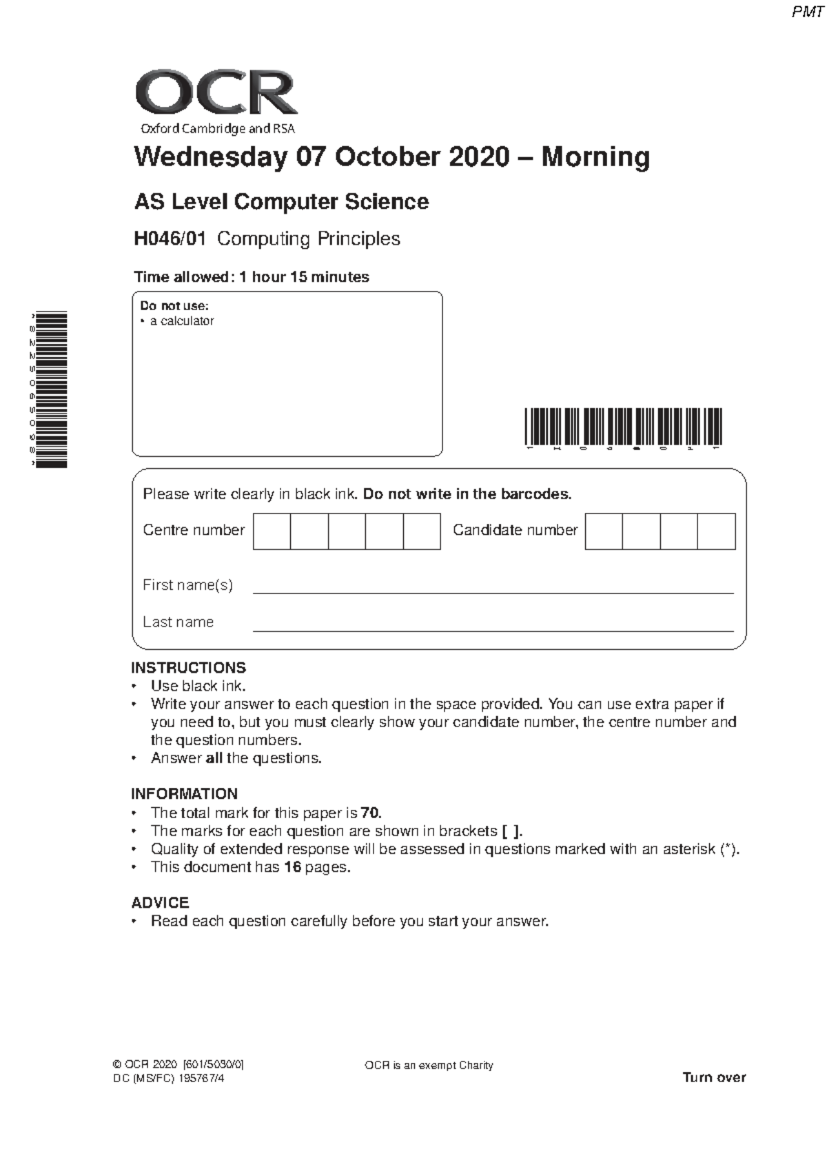 November 2020 AS Level Computer Science Paper 1 - OCR Exam Questions ...