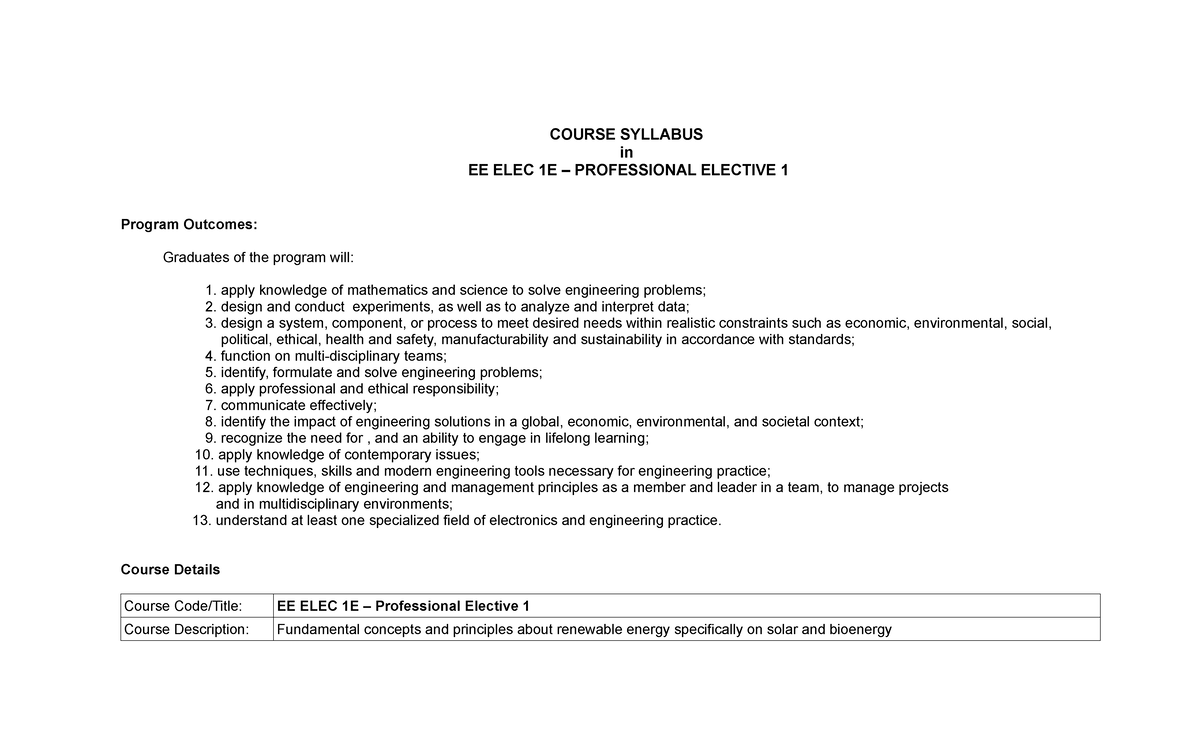 EE ELEC 1E - Professional Elective 1 Syllabus and Course Outline - Studocu