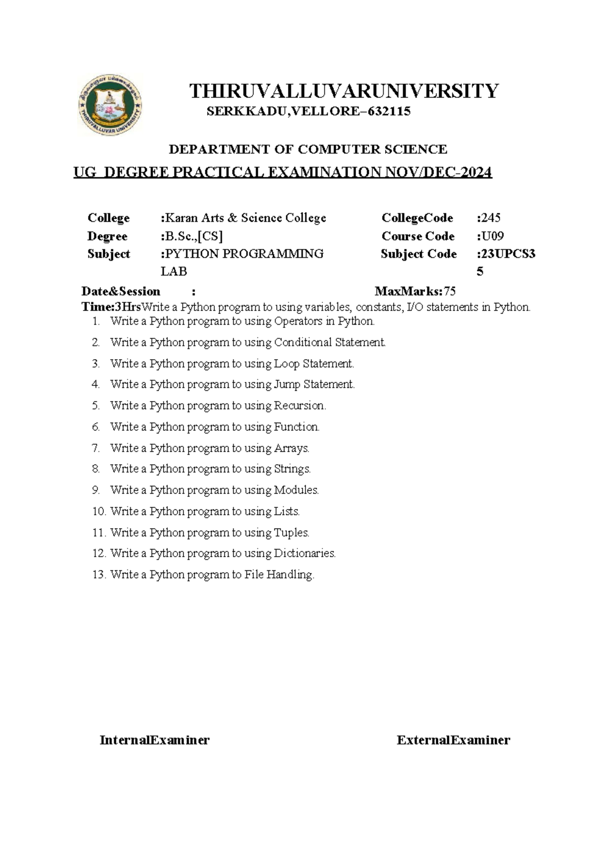 Python Programming Lab Practical Questions (U09: 23UPCS3) - Studocu