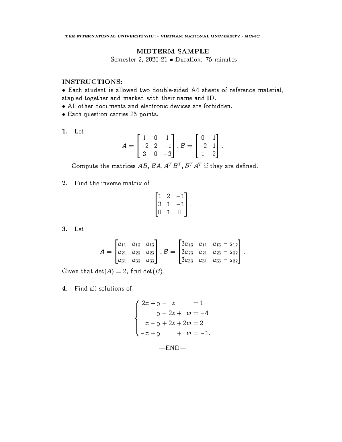 ALA2-S2-20-21-Midterm Sample Exam for Linear Algebra - Studocu